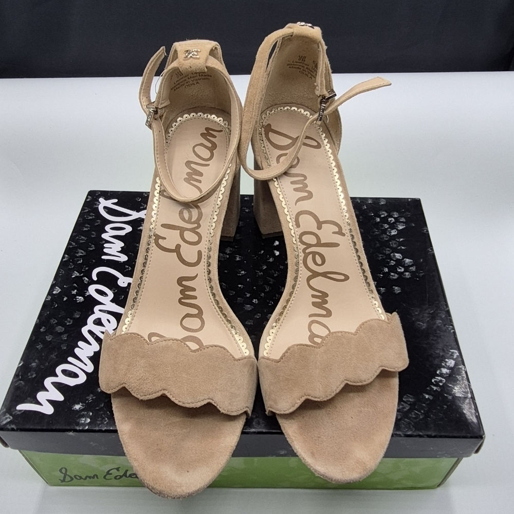 Sam Edelman Tan Suede Scalloped Block Heel Sandals, Used With Box